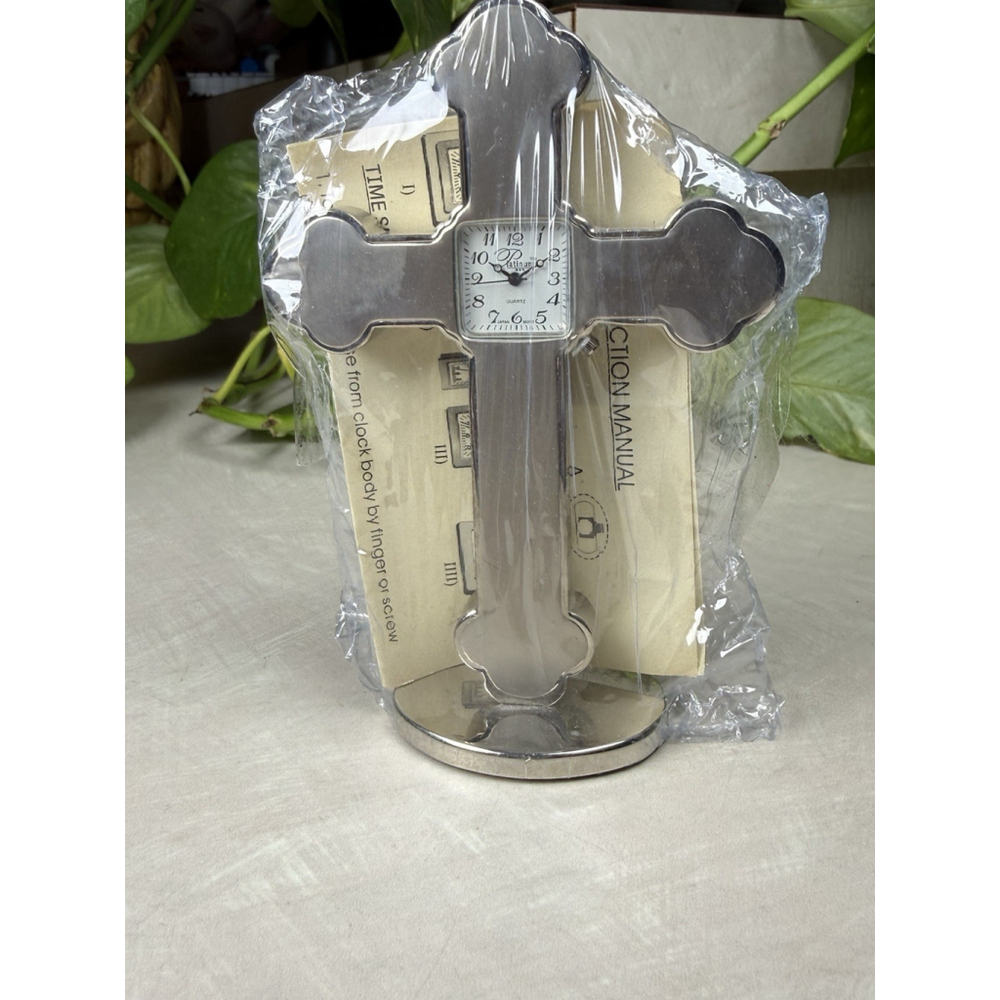 Christian Cross Silver Platinum Metal Desk Gift New 5” Tall